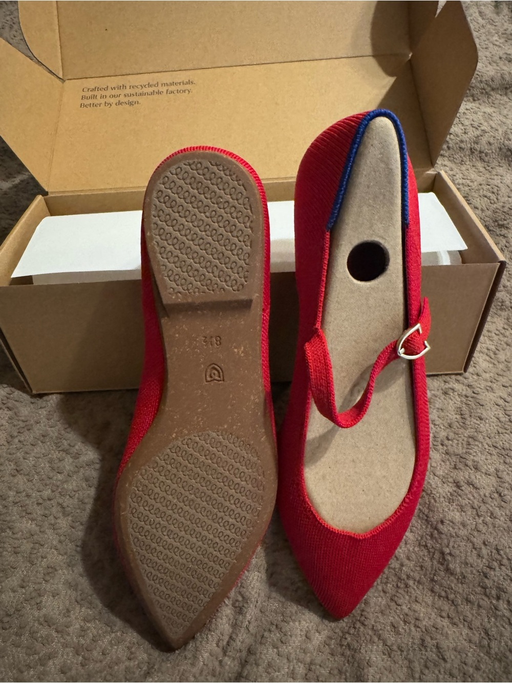 Rothy's Red Pointed Mary Jane Flats with Blue Trim